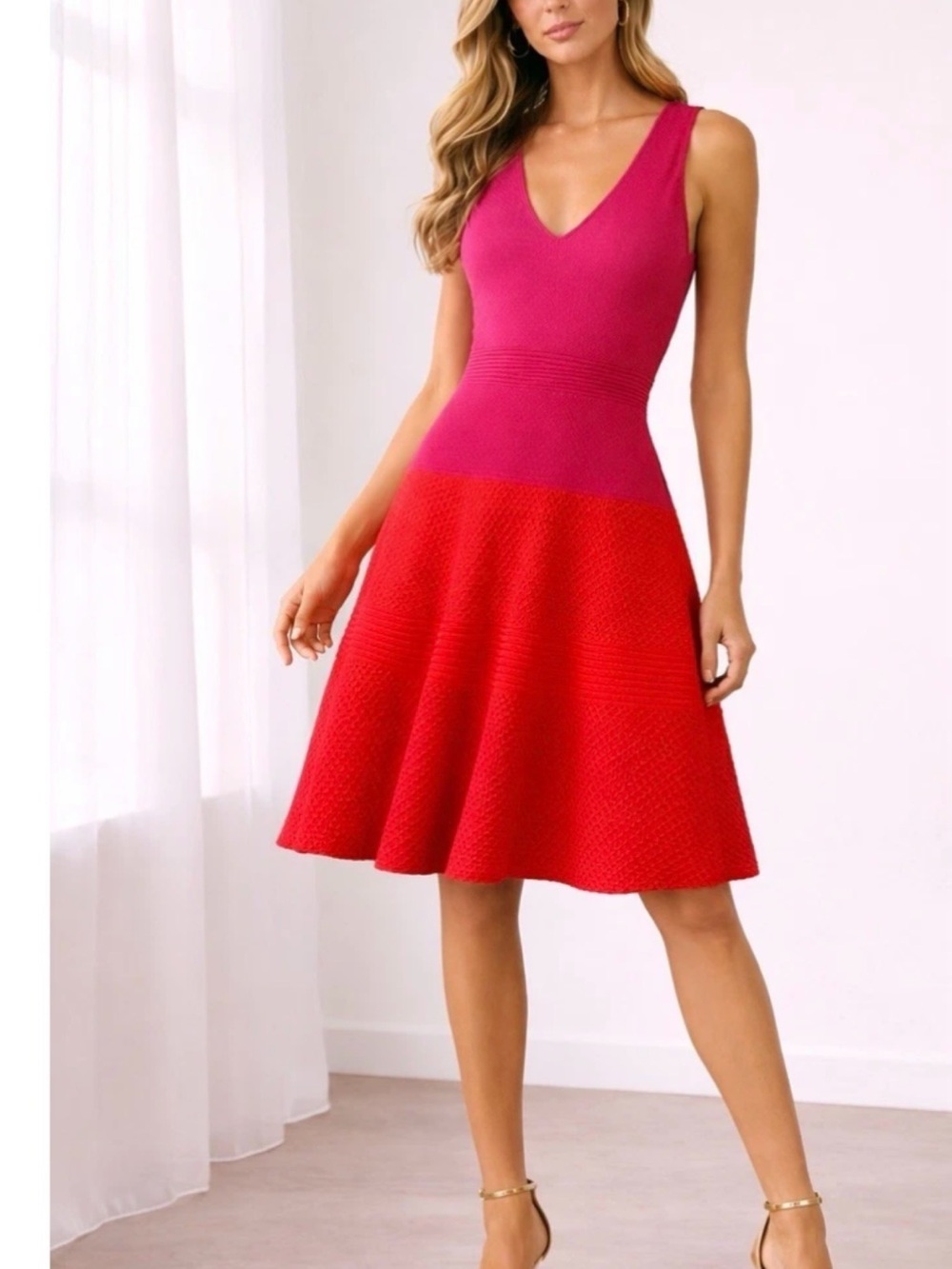 Missoni Sleeveless Two-Tone Fitted Bodice Pink & Red Midi Dress
